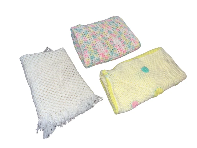 Lot Of 3 Hand Made Crocheted Baby Blankets Afghan Good Clean Condition