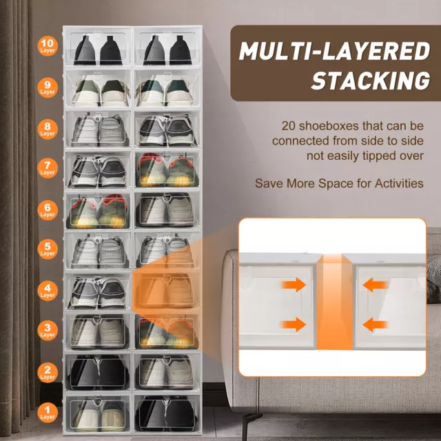 20 Pack Foldable Shoe Box Organizer Stackable Clear Plastic Shoe Storage Case