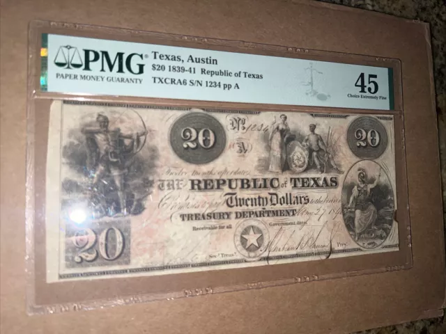 Republic of Texas Twenty Dollar note PMG 45 Austin redback 3