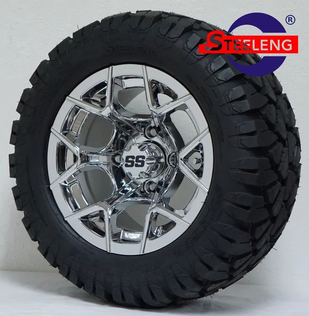 GOLF CART 12& CHROME RALLY WHEELS/RIMS and 20" STINGER ALL TERRAIN DOT