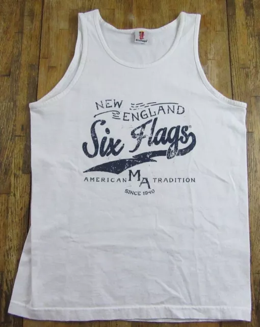 Retro Style SIX FLAGS Amusement Park New England White Tanktop T Shirt Sz M