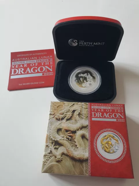 2012 Australian 1$ Lunar Series II Year of the Dragon 1oz Golden box Silver 999