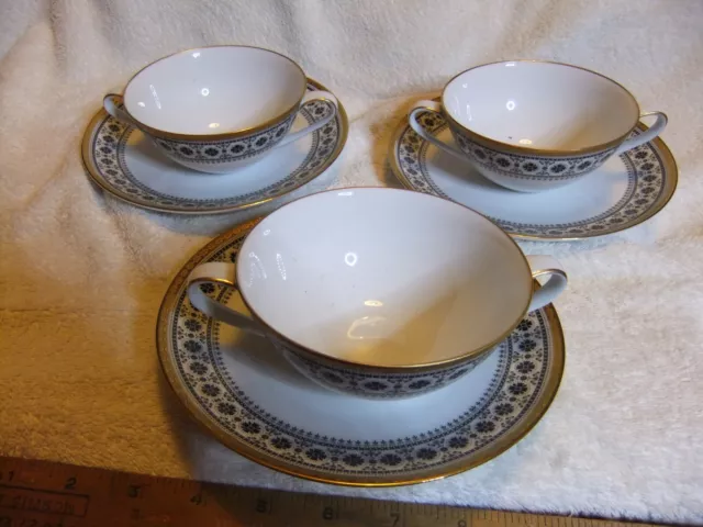 Noritake Scheherazade 3 x two Handled Soup Bowls and Plates. Fine Bone China