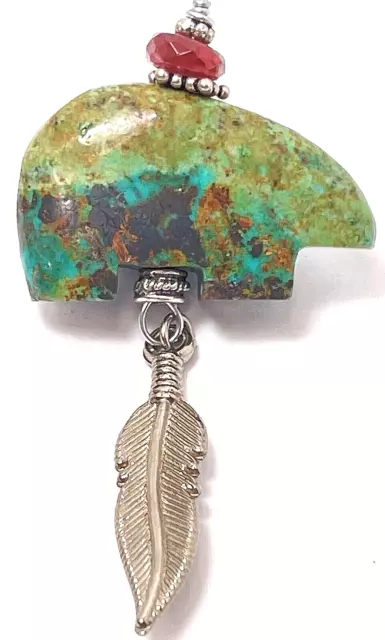 Turquoise Zuni Bear Fetish Pendant 2.6” with a Feather Charm & Gem Bead #50