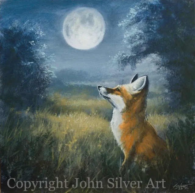 FOX & MOON FINE ART ORIGINAL PAINTING 12 x 12 inch by UK Artist JOHN SILVER BA