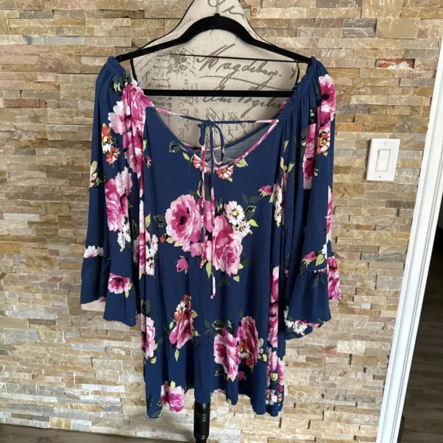 Bobeau Plus Size Top Womens 3X Blue Floral Tie Back 3/4 Ruffle Bell Sleeve Soft 3