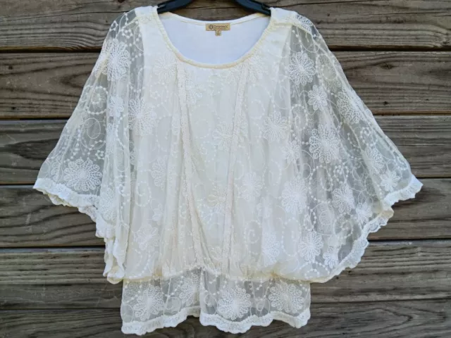 Democracy Women's Ivory Lace Sheer Lined Flutter  Sleeve Boho Top Size L