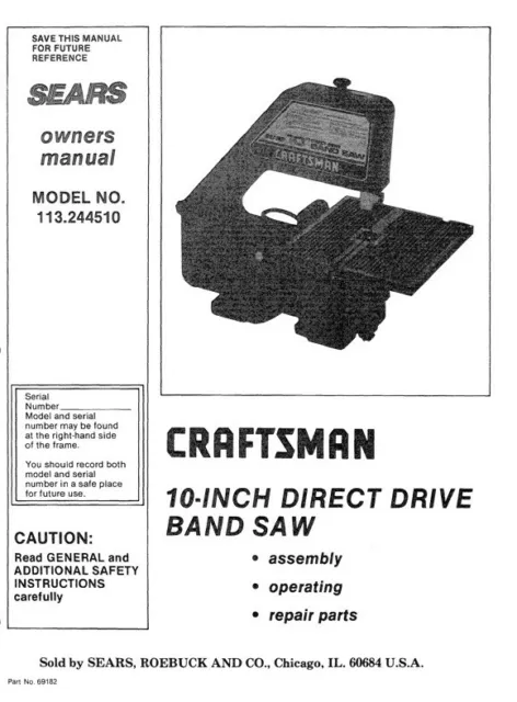 Owner's Manual & Parts List  Sears Craftsman 10" Band Saw - Model 113.244510