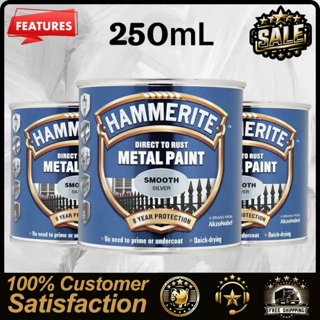 3x Hammerite Hammered Direct To Rust Metal Paint Silver, 250ML