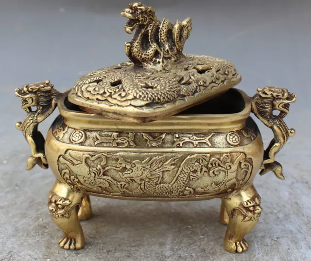 Marked Chinese Old Bronze Dragon Dragons Foo Fu Dog Lion Incense Burner Censer
