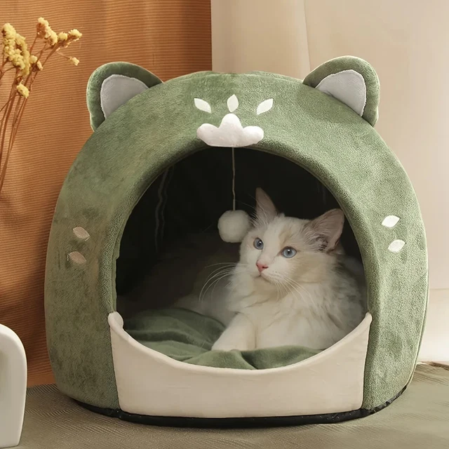 Cozy Cat-Shaped Green Pet House With Cushion - Perfect for Small Dogs & Cats!