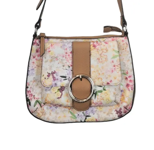 Dana Buchman White Floral Print Crossbody Shoulder Bag Purse Handbag Zip Close