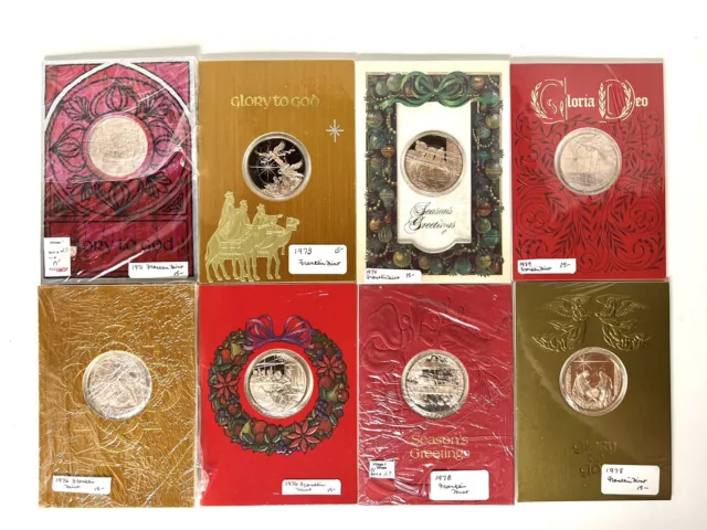 Franklin Mint Bronze Coin Christmas Holiday Cards Lot Of 8 1971-1979 Protected