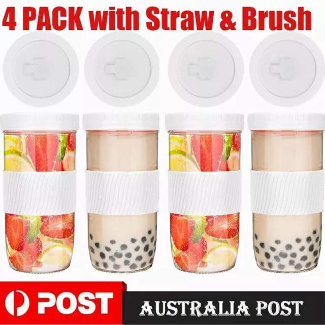 4Pack Boba Cup Bubble Tea Cup Glass W/Lid Silicone Sleeve & Angled Wide Straw AU 2