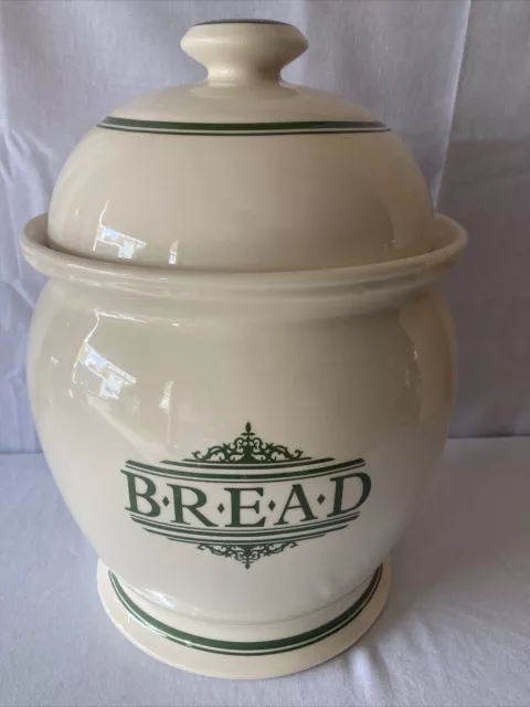 1869 VICTORIAN POTTERY Large Glazed Ceramic Bread Bin Cream & Green With Lid