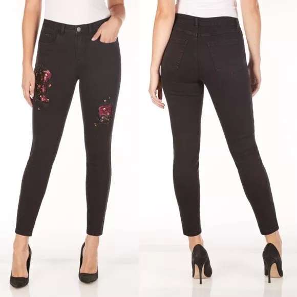 FDJ Olivia Slim Fit Ankle Jeans Black Jewel Embellishment High Rise Denim Size 2