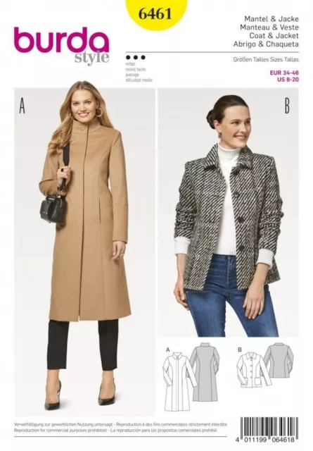 BURDA 6461 JACKET MISSES Sewing Pattern Sizes 8 - 20  Skill: AVERAGE