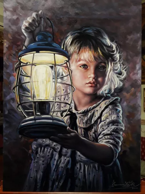 La bambina con la lanterna. Olio su tela 50 x 70 cm. Realizzato da foto
