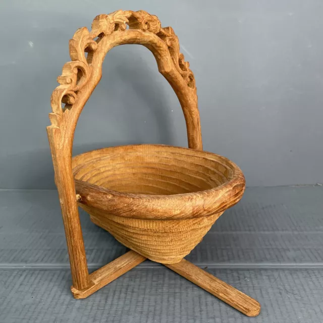 Vintage Folding Carved Wooden Fruit Bread Bowl Basket Approx 1970’s 29 Cm Height