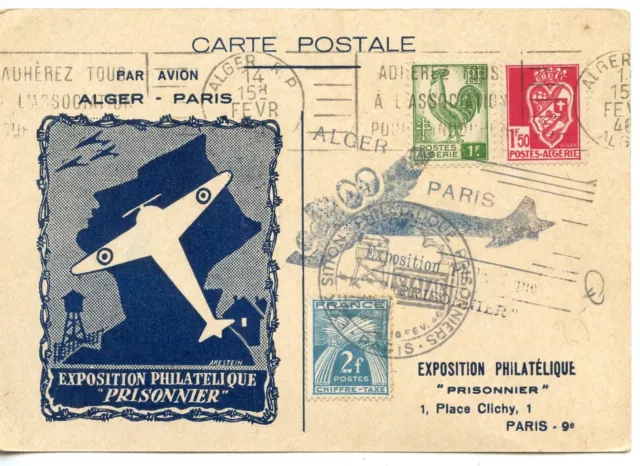 Carte Postale Exposition Philatelique Prisonnier Par Avion Alger Paris 1946