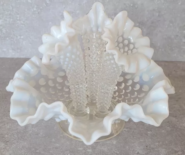 Fenton Opalescent Milk Art Glass Apartment Horn Ruffled Epergne Vase FREEUSHIP