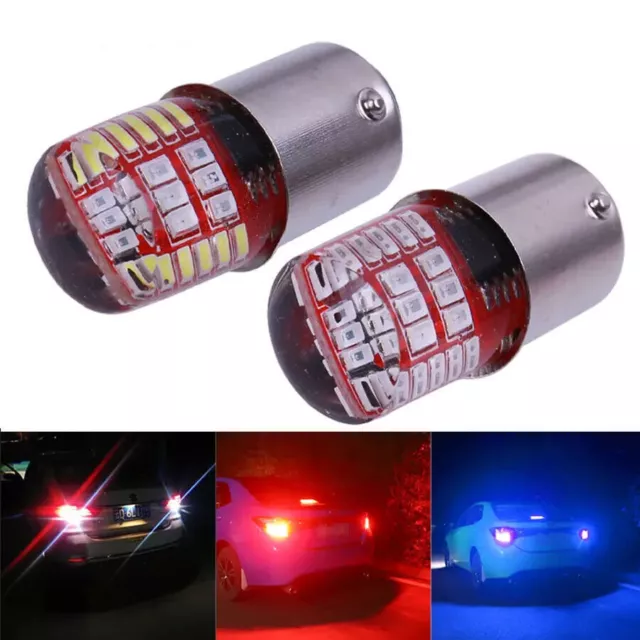 2x BAY15D P21/5W 1157 Strobe LED 3014 42 LED Flash Brake Blink Lamps Blue + Red