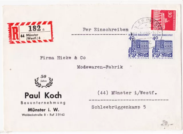 Bund Kleine Bauwerke, 40 Pf Mi. 457 waager. Paar MeF auf Einschreiben- Brief