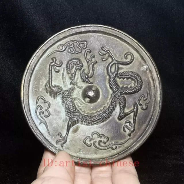Old Chinese Bronze Carving Dragon Ancient People Prink Toilette Mirror Collected