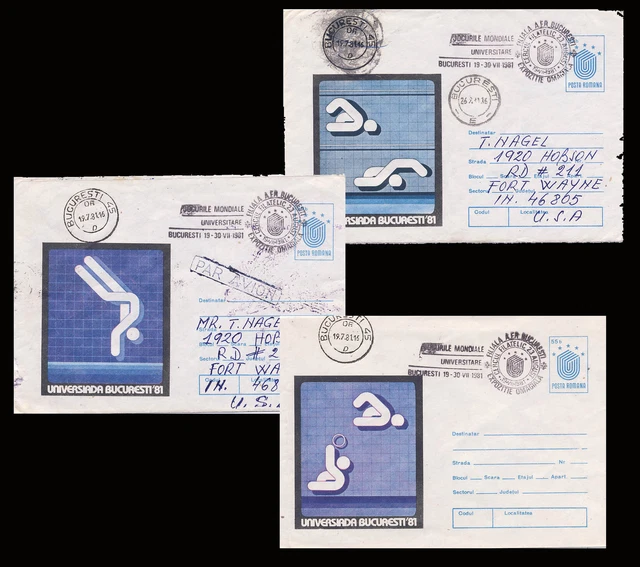 Romania 1981 Lot of 3 Postal Stationery Covers Universiada Bucuresti 81 Sports