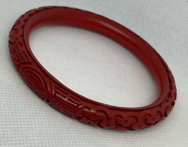 Antique Chinese Carved Red Cinnabar Bangle Bracelet Hand Carved