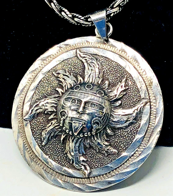 Vtg Sterling AZTEC Two Sided Pendant Sun Calendar, Sun God  w. Chain  Sgnd 66Grs