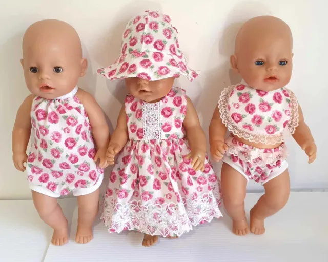 Dolls Clothes made to fit 43cm Baby Born Doll. Dresses, Bib, Knickers, Playsuit