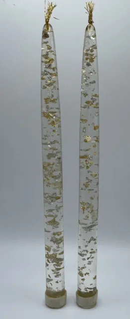 2 Hempstead Creations 10” Gold and Silver Flake Lucite Taper Candles