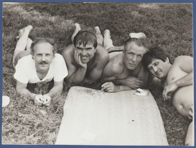 Guys smoking on the ground, naked torso, male heels, legs Vintage Photo USSR