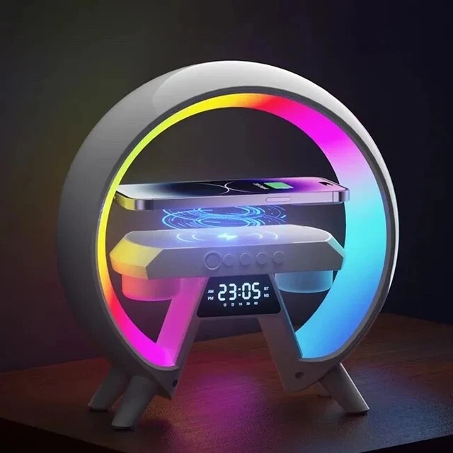 LED LAMP RGB Alarm Clock Wireless Phone Charger Bluetooth Speaker Night ...