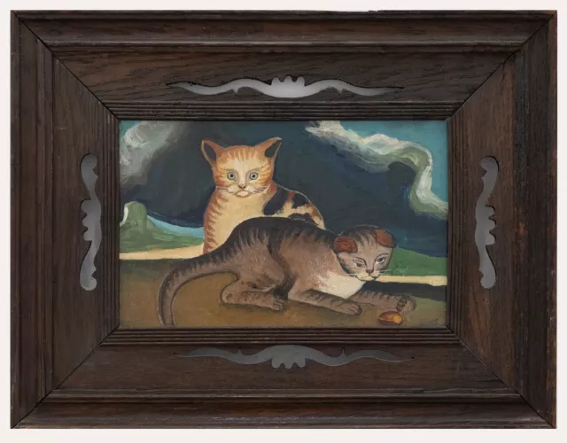 Framed 20th Century Oil - Curious Cats