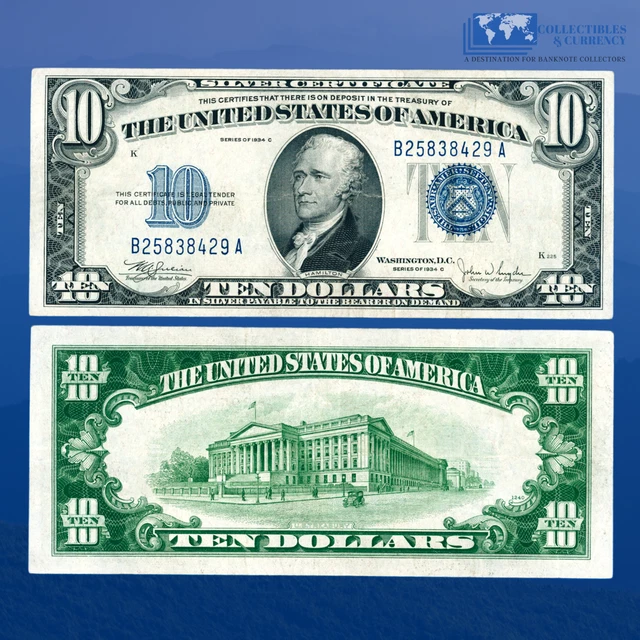 1934C $10 Ten Dollars Silver Certificate Blue Seal, VF+ #38429