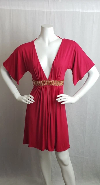 Sky Brand Dress Small Red Mini Low V-neck Chain link Leather Trim Waist Sexy NEW