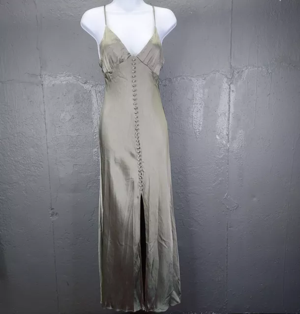 Shona Joy La Lune Bias Slip Dress Women's Size 6 Sage Grey Satin Maxi Side Zip