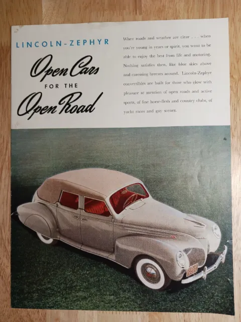 1939 Lincoln Zephyr V12 Open Cars For The Open Road Scarce Original Brochure