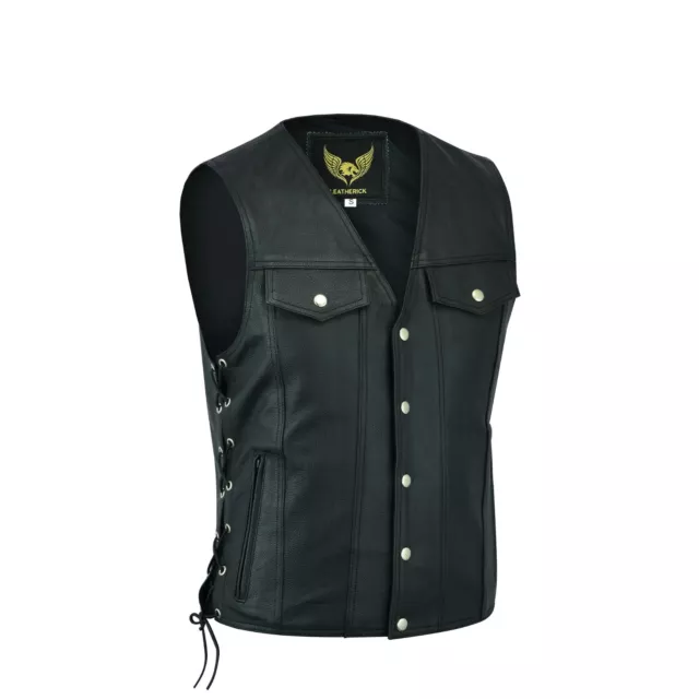 Men's Denim style Black Bikers Club Motorcycle Leather Waistcoat Side Lace Vest