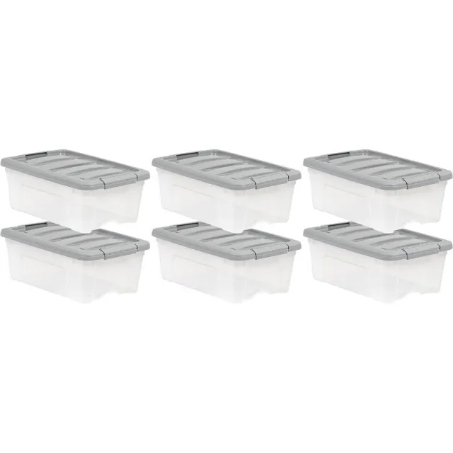 12 Qt Stackable Plastic Storage Bins with Latching Lids- Clear/ Grey- Pack of 6