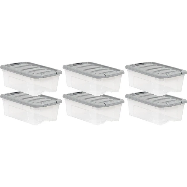 12 Qt Stackable Plastic Storage Bins with Latching Lids- Clear/ Grey- Pack of 6