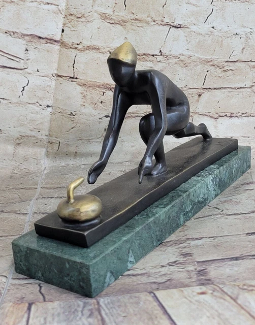 Sport Memorabilia Curling Bronzo Scultura Con / Verde Marmo Base Figurina Decoro