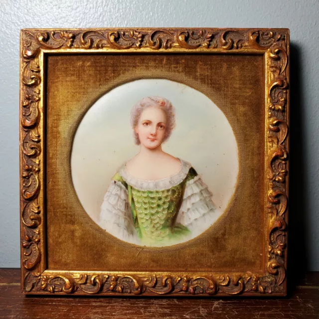 Antique Miniature Hand Painted Portrait on Porcelain of Lady in Gilt Frame