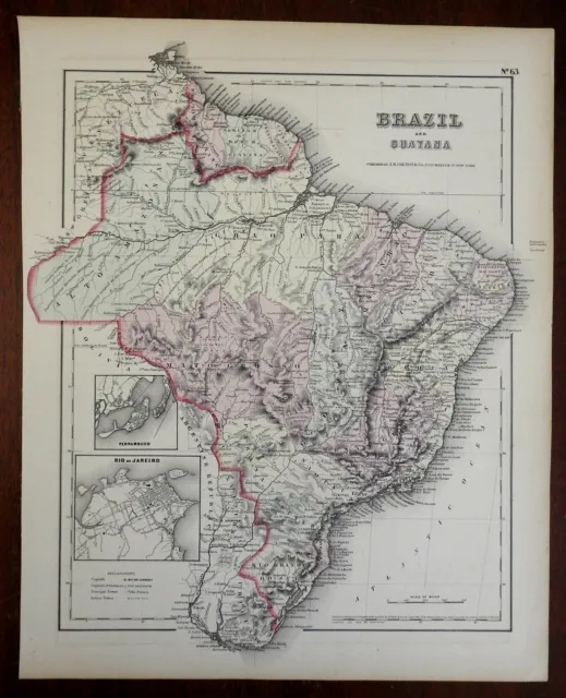 South America Empire of Brazil Guyana Suriname Pernambuco 1855 J.H. Colton map