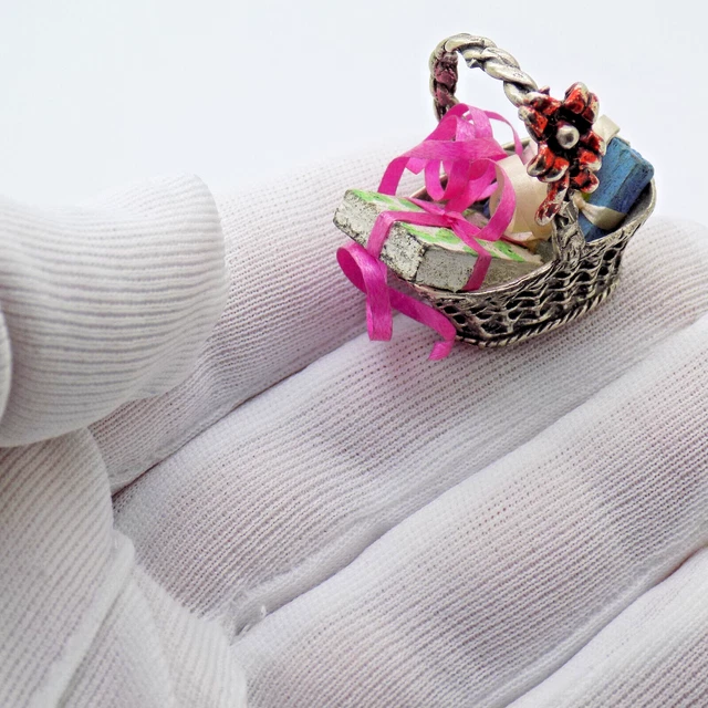 Vintage Italian Handmade Sterling Silver 925 Gift Basket Dollhouse Miniature