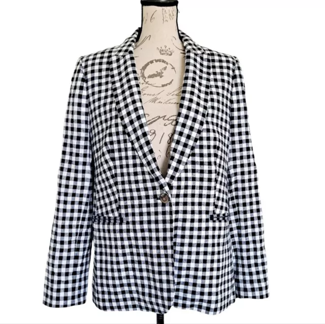 J. Crew Gingham plaid navy blue  linen blend Holland blazer jacket size 14/ L