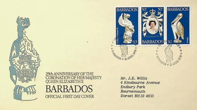 Sephil Barbados 1978 25Th Ann Coronation Of Qeii Fdc W/ Strip Of 3 To Gb