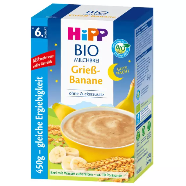 3x 450g Hipp Bio Papilla de Leche Buenas Noches Grieta Plátano a partir de 6. Mes sin azúcares añadidos 3